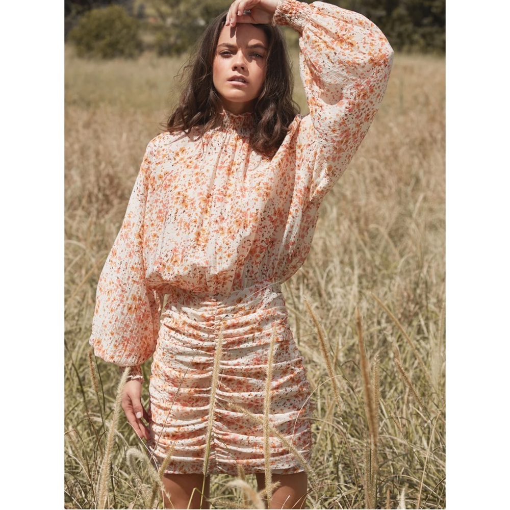 Floral Print Long Sleeve Mini Dress - Peach/White